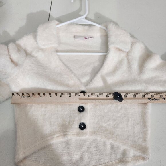 SO Sweater Womens Cropped Button-Up Cardigan Faux Fuzzy Knit Small White - Picture 7 of 12